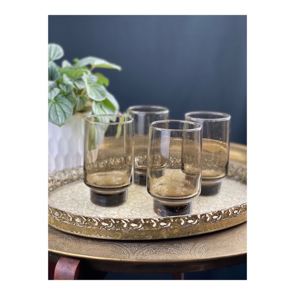 SOLD Libbey 11 oz Tumblers Tawny Accent Smoke Glass Set of 4 1970s - Picture 2 of 5